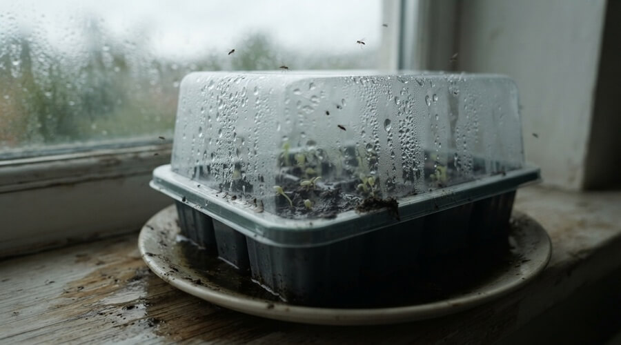 Mosquitos do fungo nas plantas: como eliminá-los de modo biológico 3 Mini-estufa de sementeira com excesso de humidade, o erro que atrai mosquitos do fungo