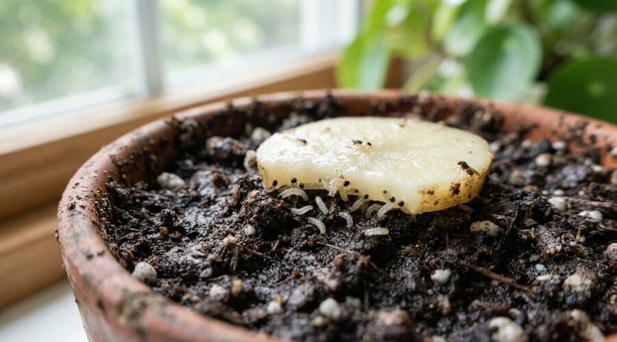 Mosquitos do fungo nas plantas: como eliminá-los de modo biológico 1 Larvas de mosquitos do fungo debaixo de uma rodela de batata sobre o substrato de um vaso
