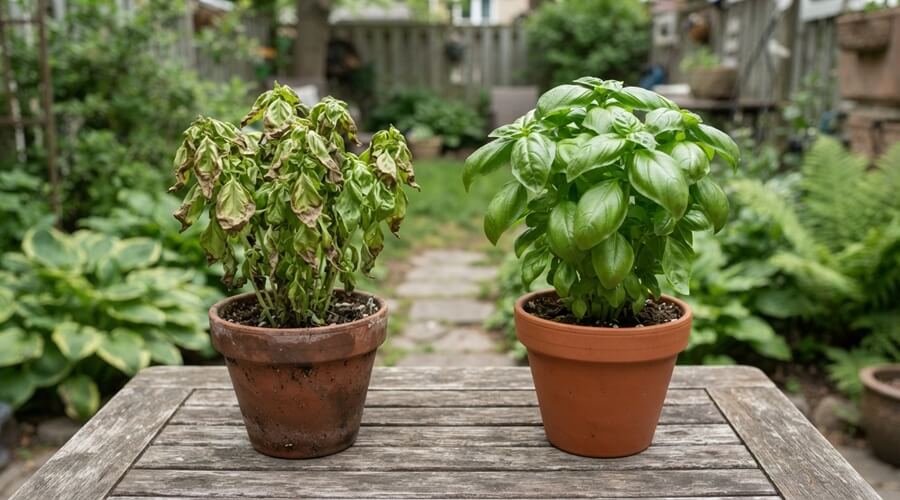 Óleo de verão na horta: como proteger as plantas de cochonilhas e ácaros sem queimar as folhas 3 Comparação entre uma planta queimada por óleo de verão e uma planta saudável
