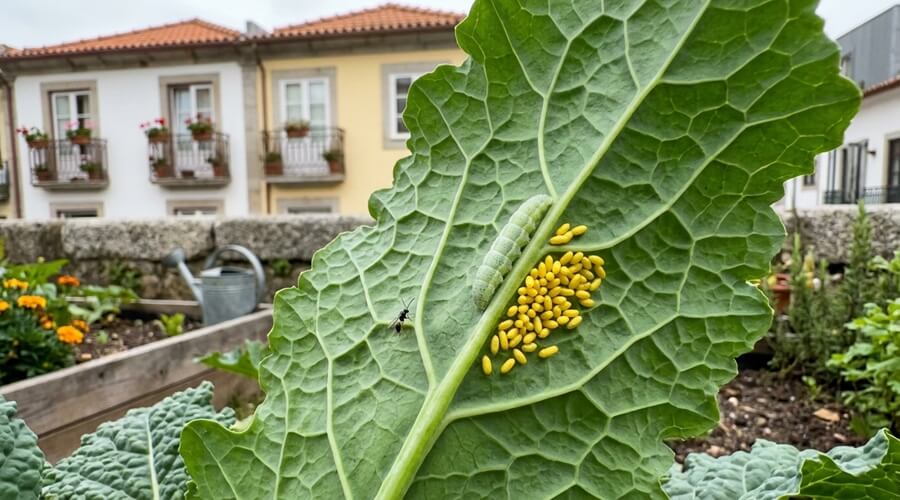 Vespas parasitoides na horta: como reconhecer, proteger e atrair 2 Casulos amarelos de vespas parasitoides junto a uma lagarta numa folha de couve-galega em canteiro elevado