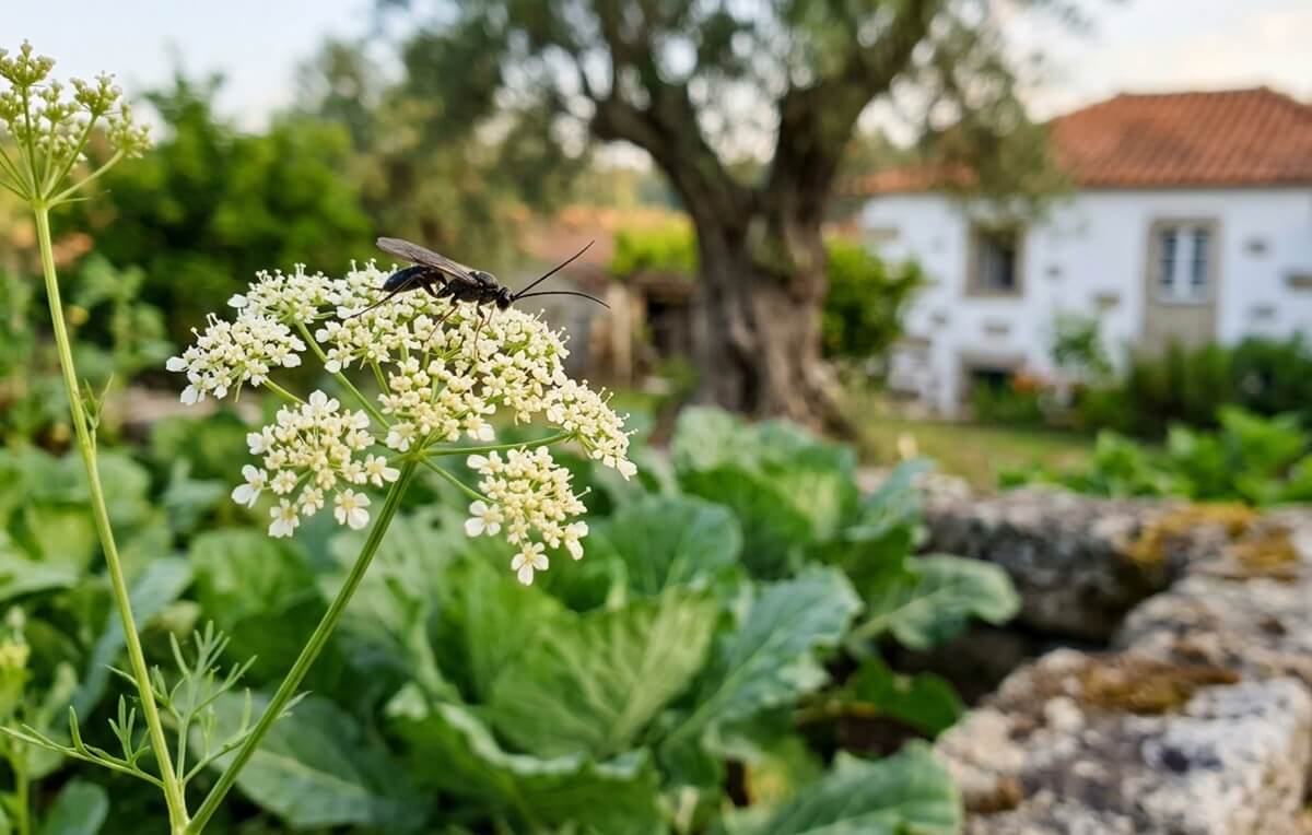Uma das vespas parasitoides pousada numa flor de coentros, junto a couves-galegas numa horta tradicional portuguesa
