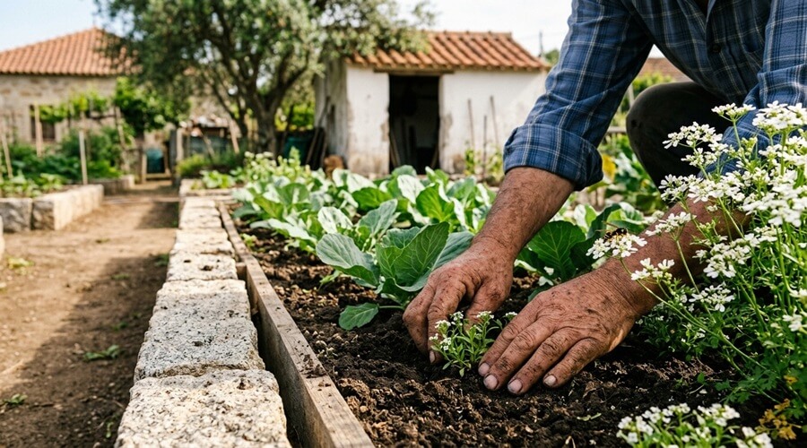Vespas parasitoides na horta: como reconhecer, proteger e atrair 3 Mãos a plantar alisso-doce junto a couves-galegas numa horta comunitária, flores que atraem vespas parasitoidesv